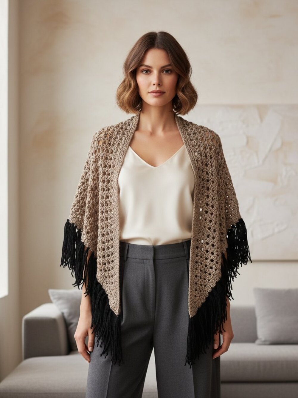 NEW Taupe Metallic Hand Knitted Eyelet Shawl Wrap Scarf Boho Hippie Fringe Party